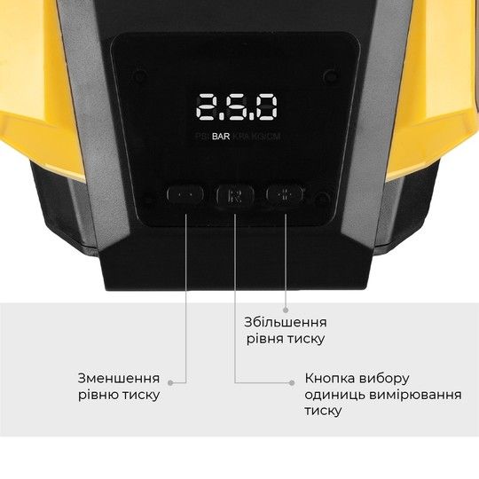 Автокомпресор GEMIX Model G black/yellow поршневий з сумкою, цифровий манометр, функція AUTOSTOP, ліхтарик, 35 л/хв GMX.Mod.G.BY фото